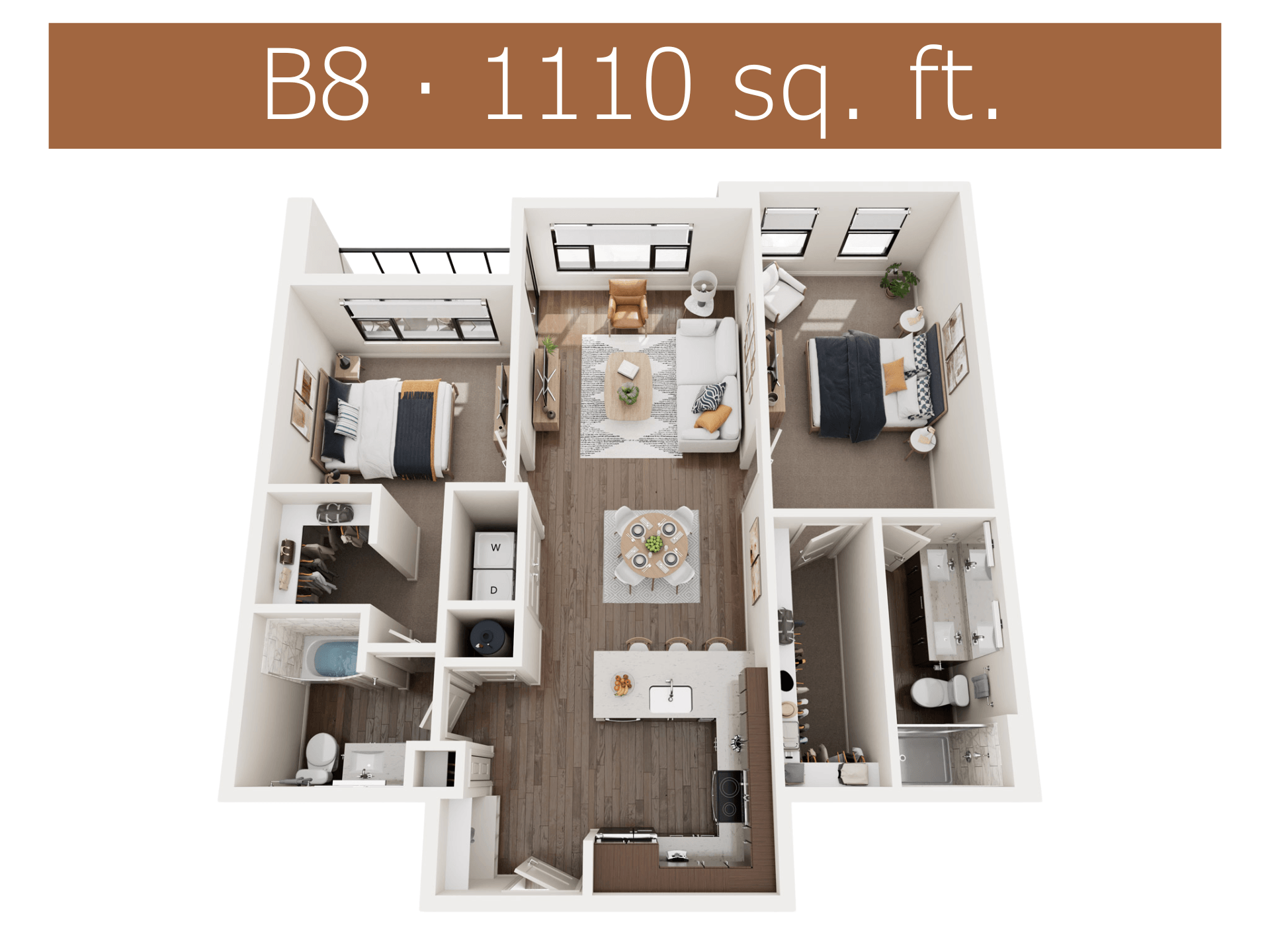 Floor plan for 2 beds, 2 baths, 1110 sqft